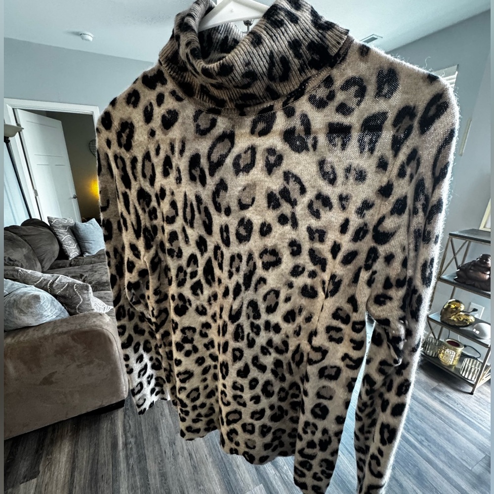 Cashmere Leopard Print Cowl Neck Sweater-Size M